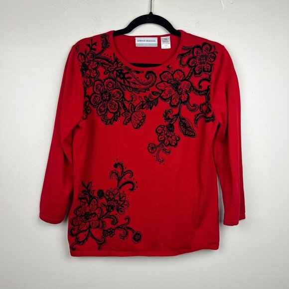 Alfred Dunner Women's Red Floral Embroidered Rhinestone Sweater Size Petite M - Picture 1 of 7